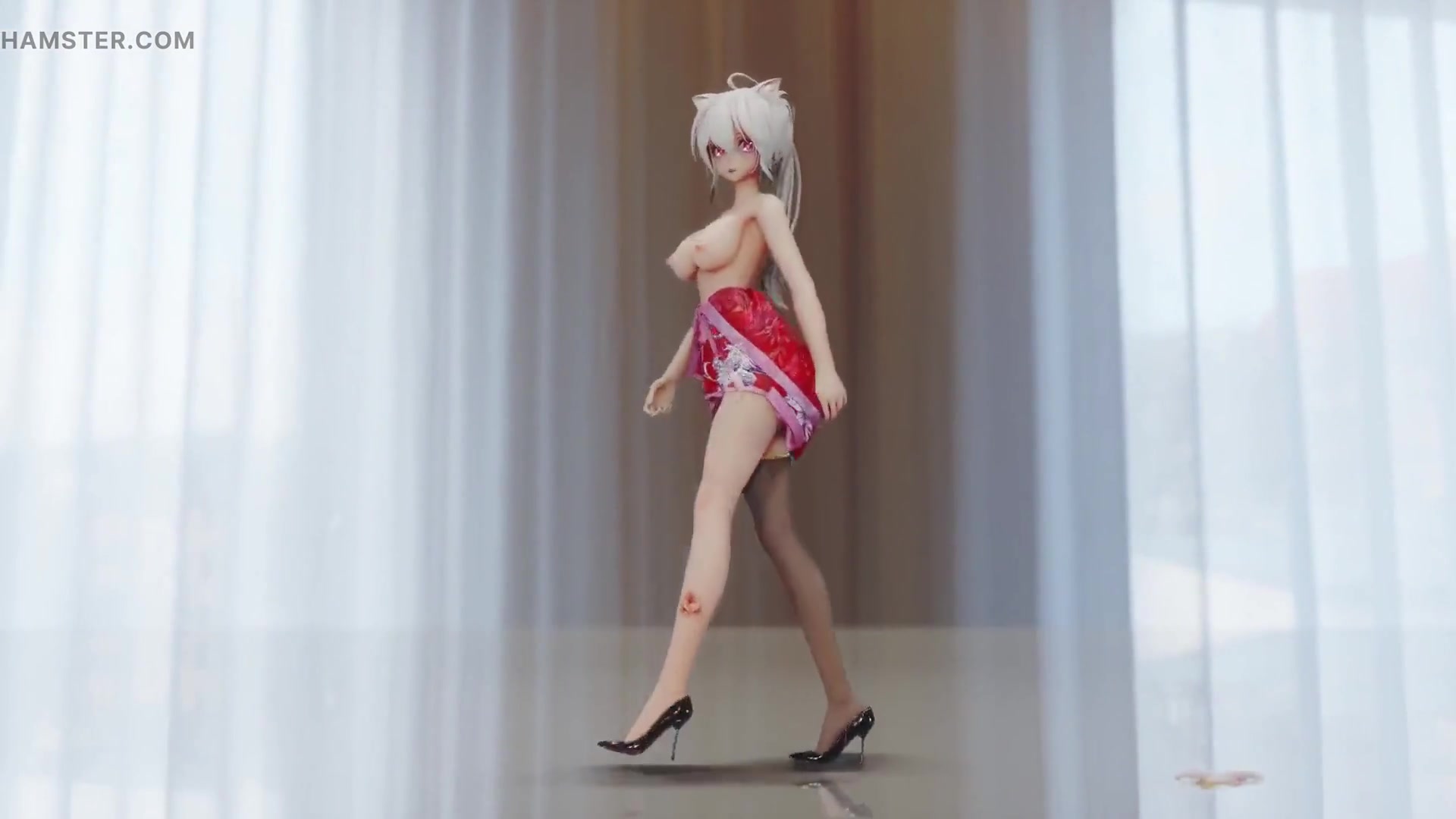 Chocolate Cream Cheongsam; Black Stockings; Red-soled High Heels