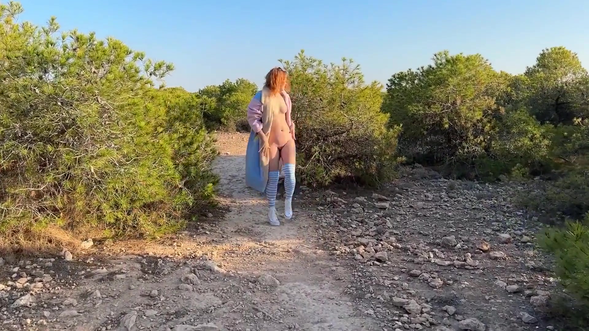 Naked Outdoor Walk with Coat in Mountains!