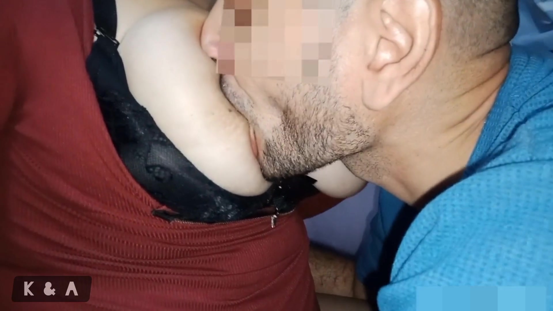 Mature with big tits and erect nipples breastfeeding her husband, he sucks passionately and makes rich sounds