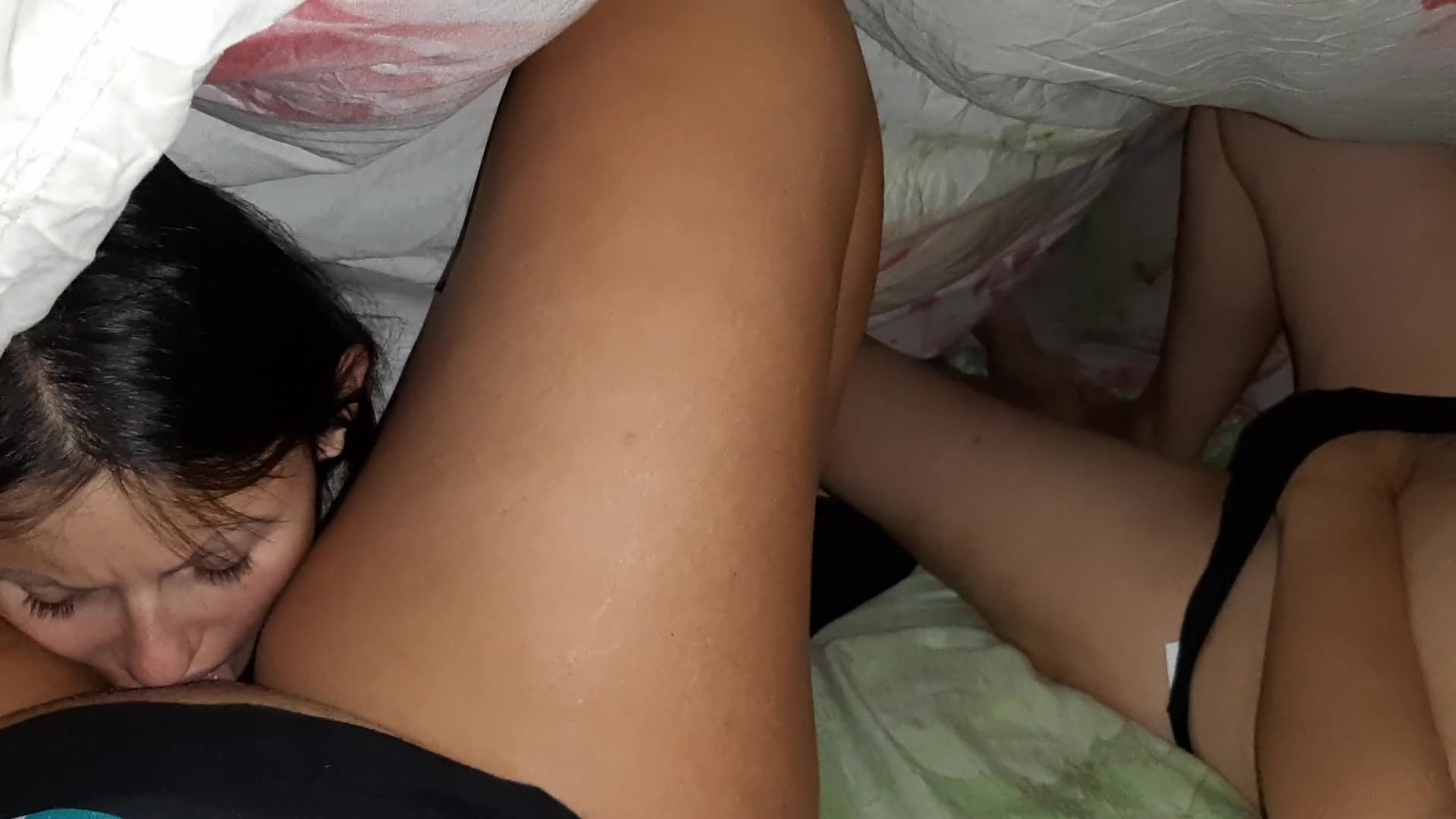 I Looked Under the Blanket and There Was My Neighbor Licking Pussy and My Girlfriend Watching and Masturbate, surprise Threesome