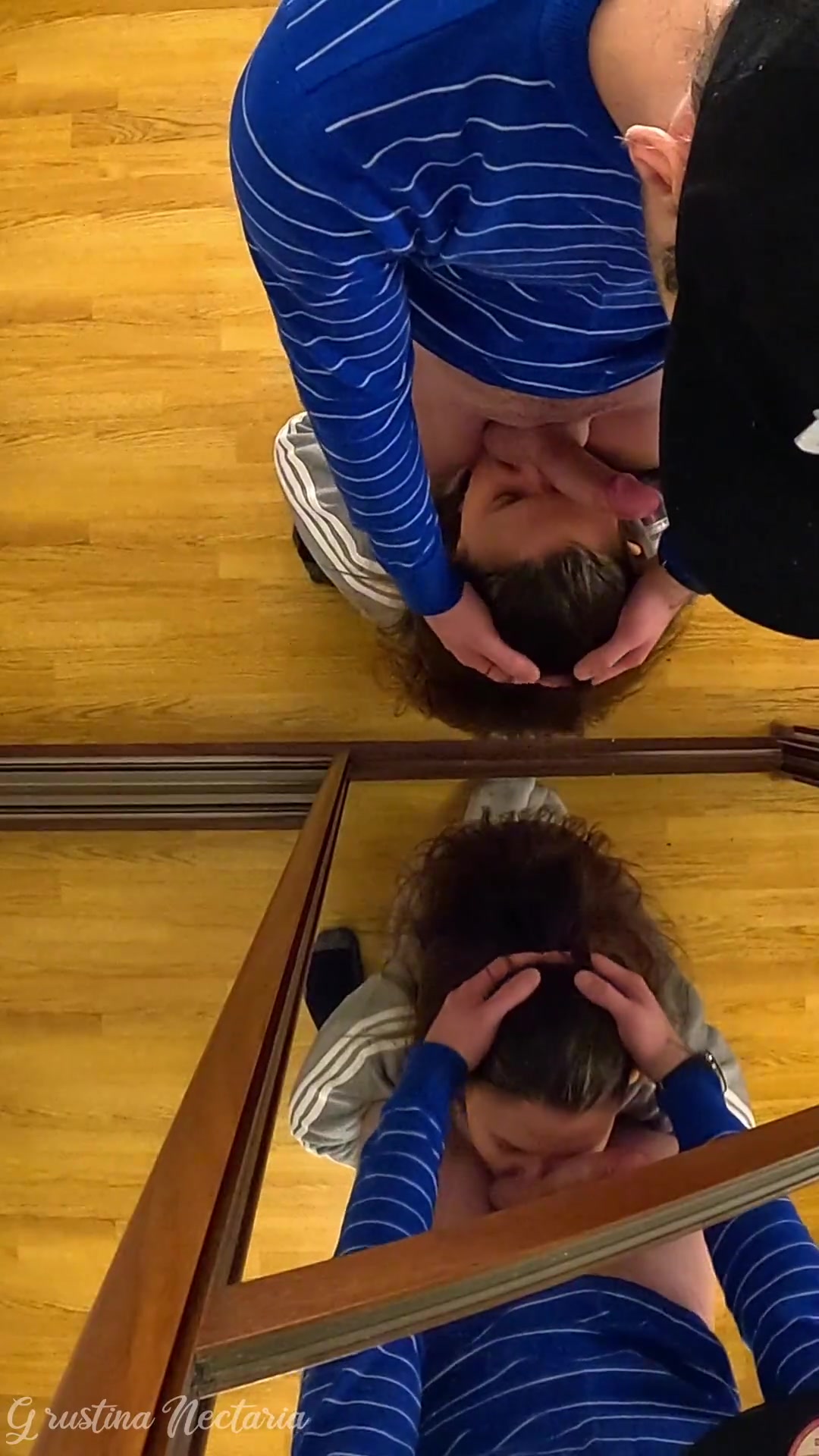 Mirror fuck with guy in a cap (kisses, big dick blowjob, standing doggy)