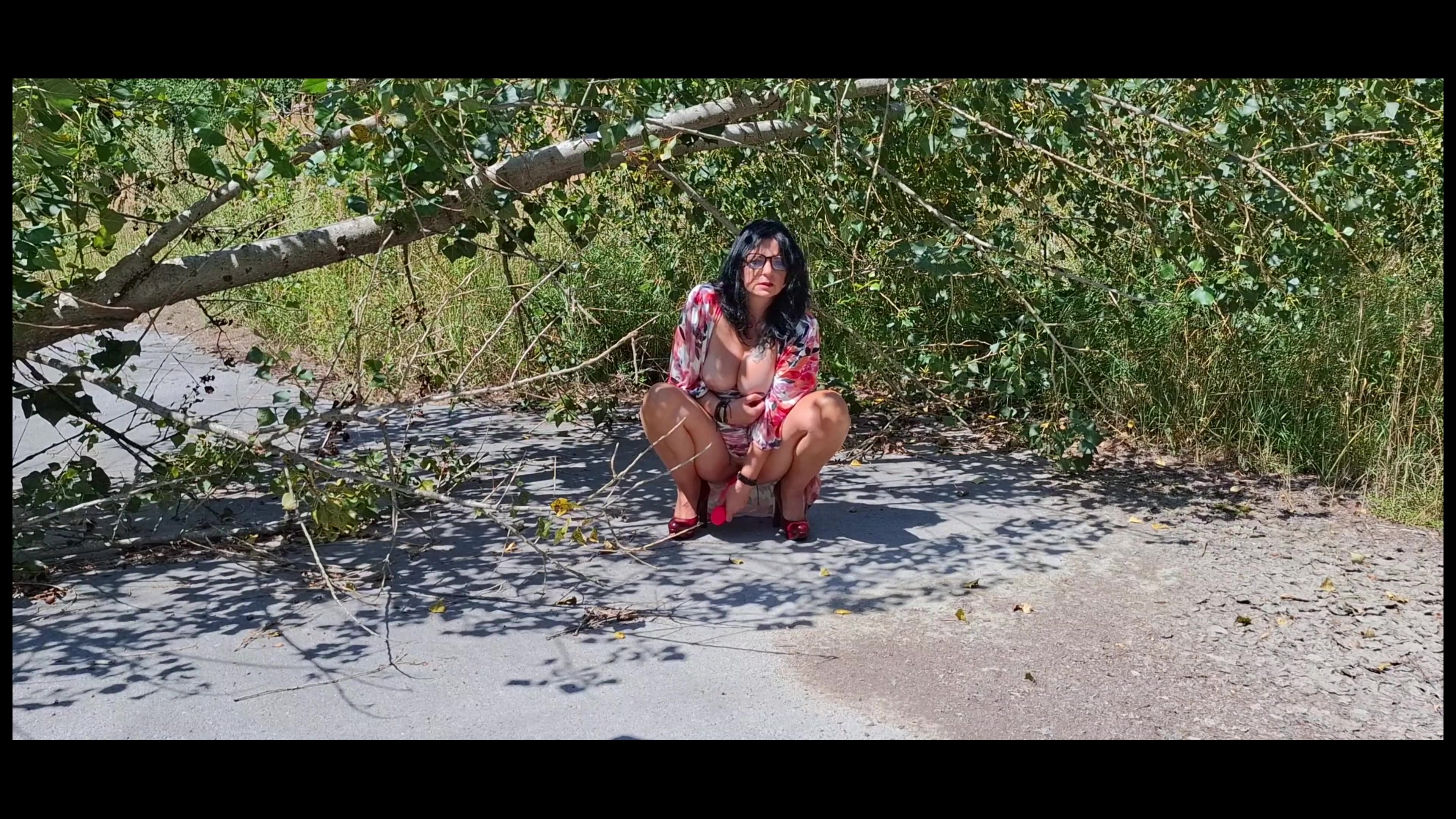 MILF slut got caught orgasming in the woods