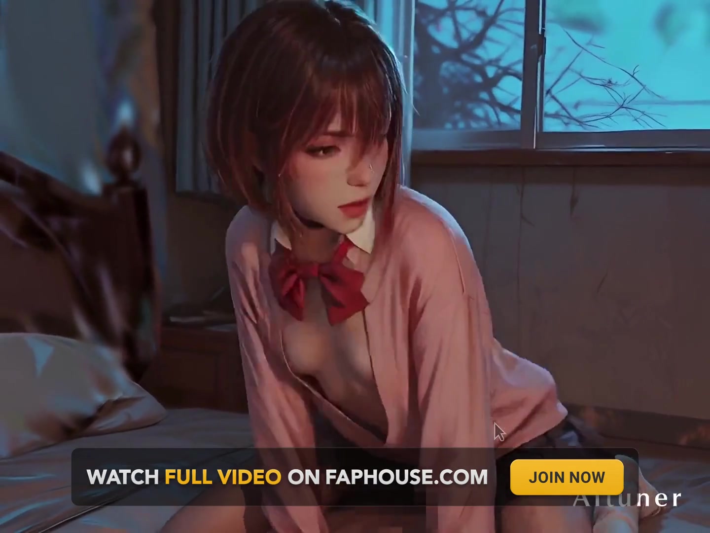 Nighttime Seduction - Red Bow Unfastened, Blue Skirt Lifted, Secret Nipples Exposed Under Soft Light