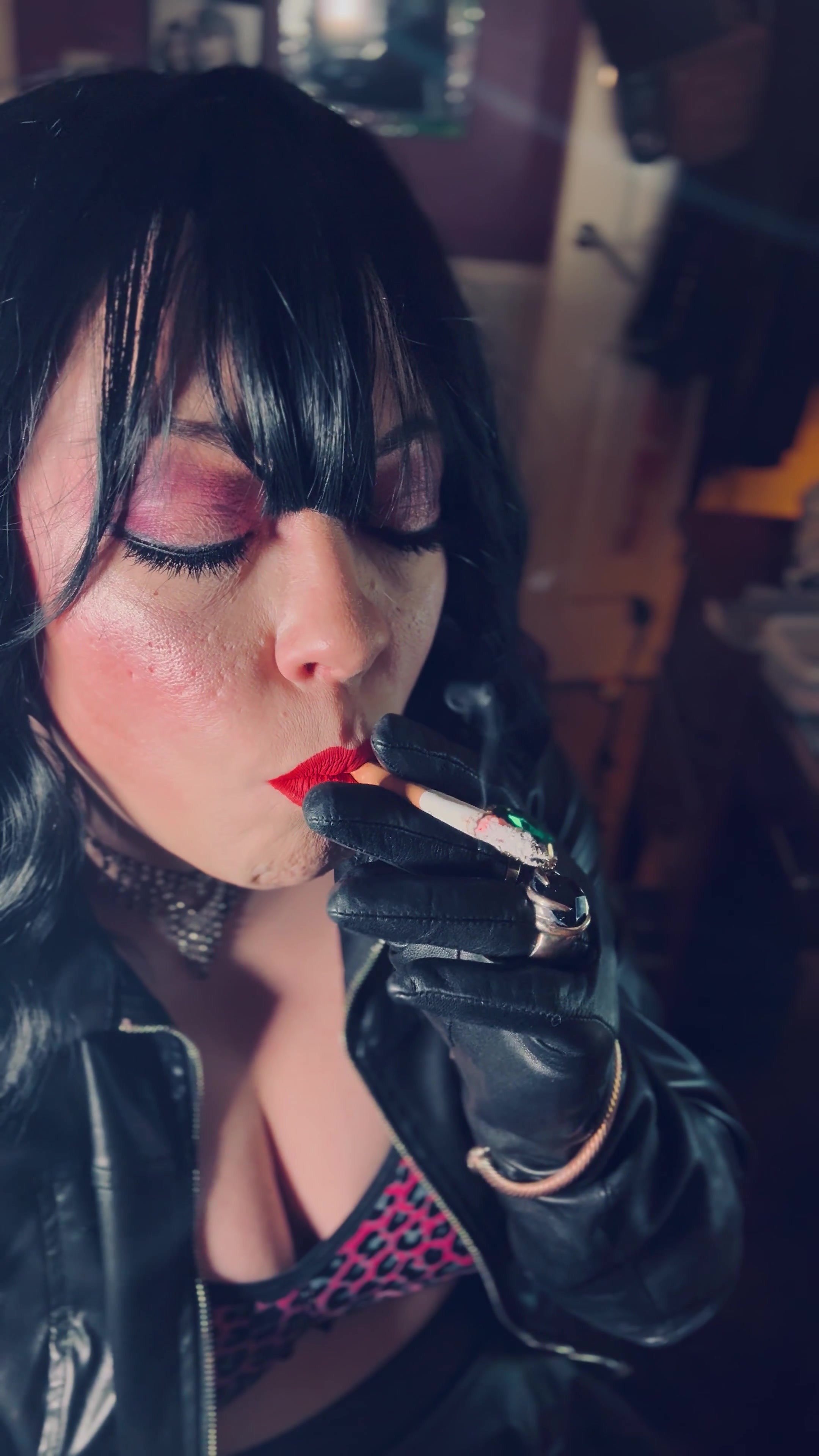 Leather Clad Tina Snua Smokes A Cork Cigarette - You Love Me Dressed Head To Toes In Leather - Gloves