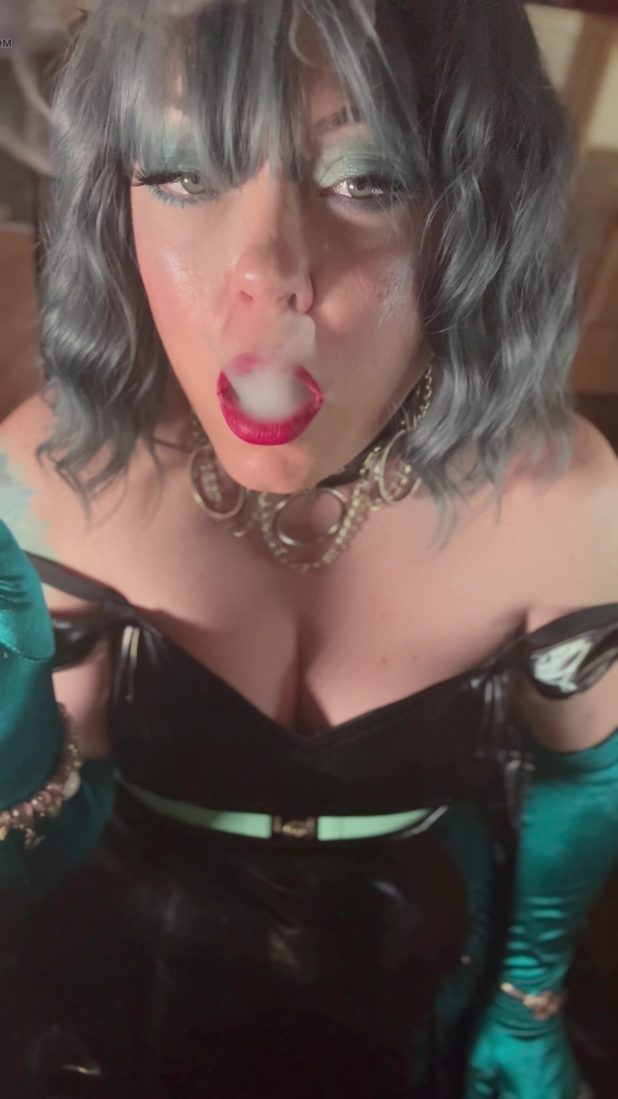 Who Doesn't Love A Girl In Gloves And PVC!? Tina Snua Smoking A Cork 100 Cigarette In Satin Gloves With Jewellery