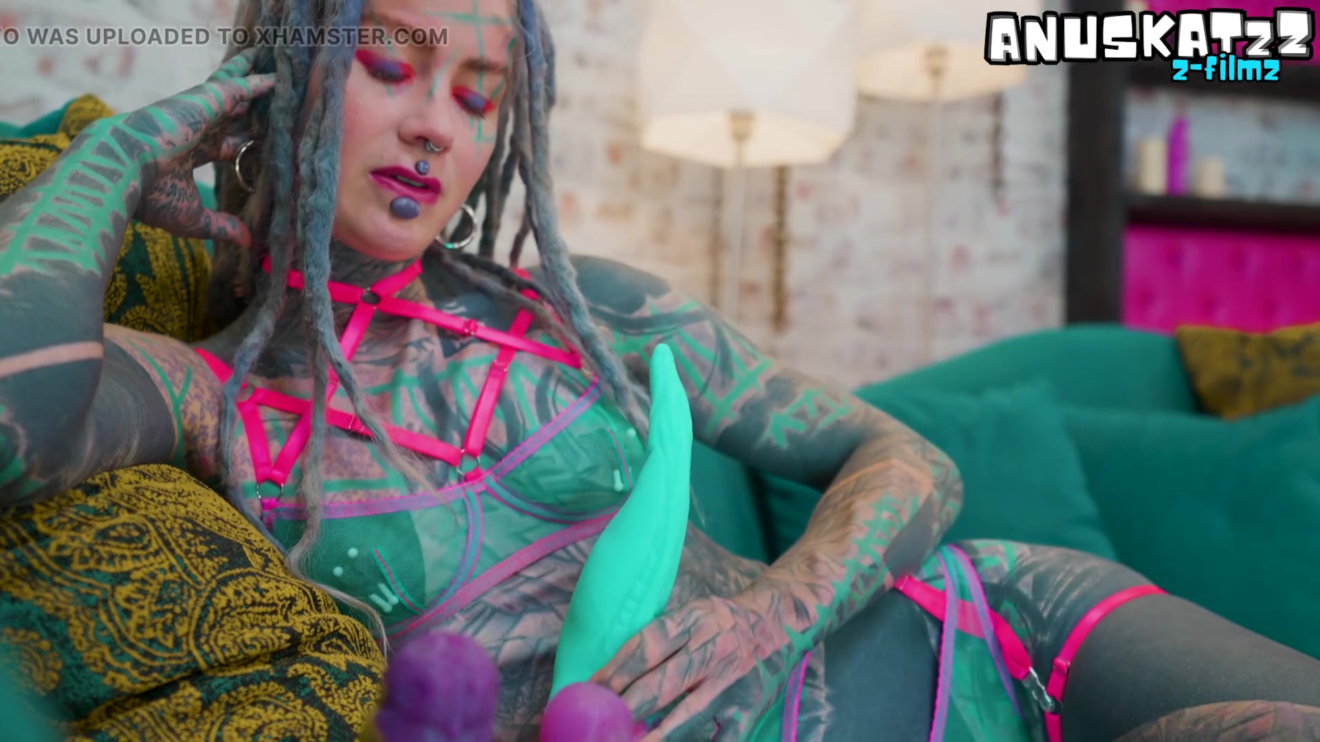 Tattooed Girl Takes On Anal Toys Solo Lingerie Session