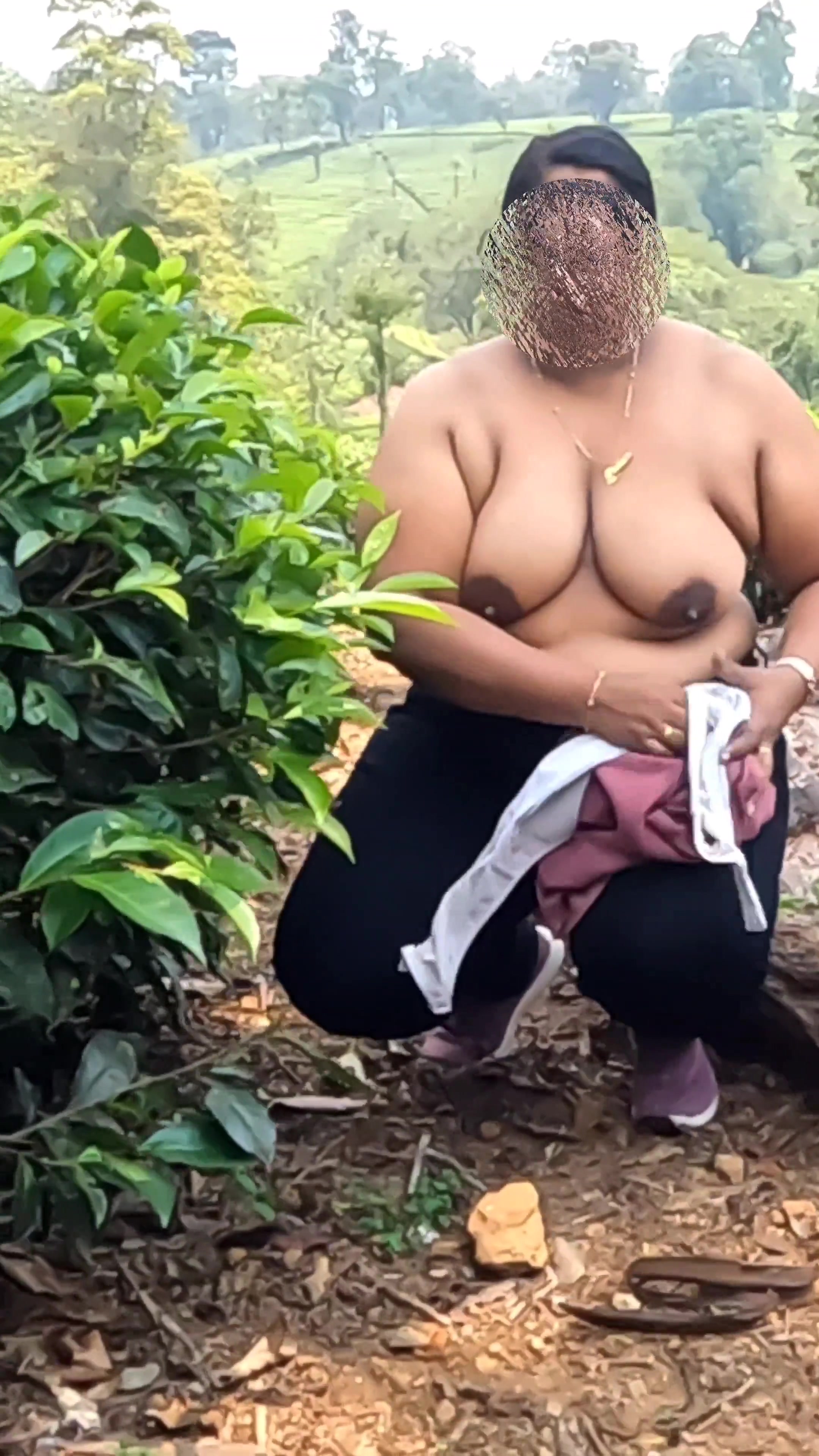 Chubby Nudist, topless outdoor in the tea plantation, exposing boobs as ass