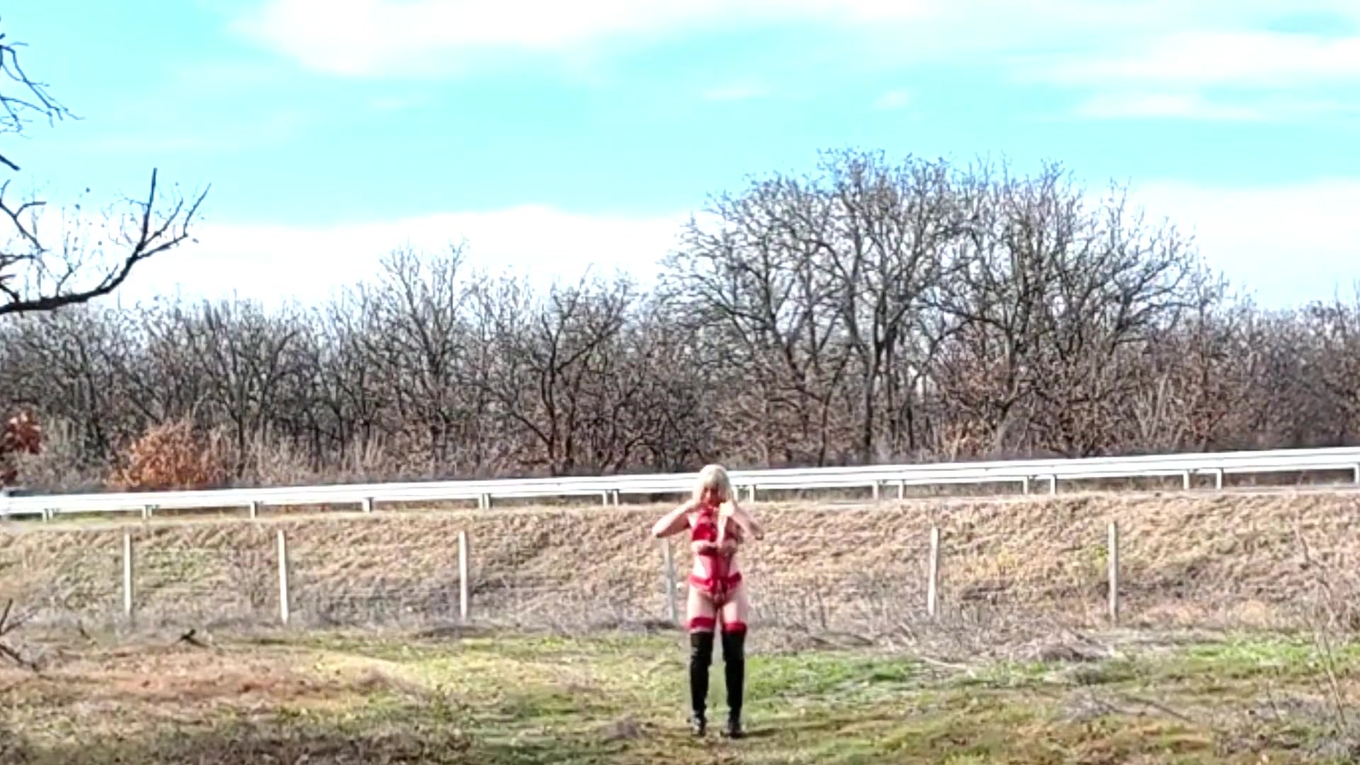 Little Whore Strips off Her Red Bodysuit on the Highway Part 1
