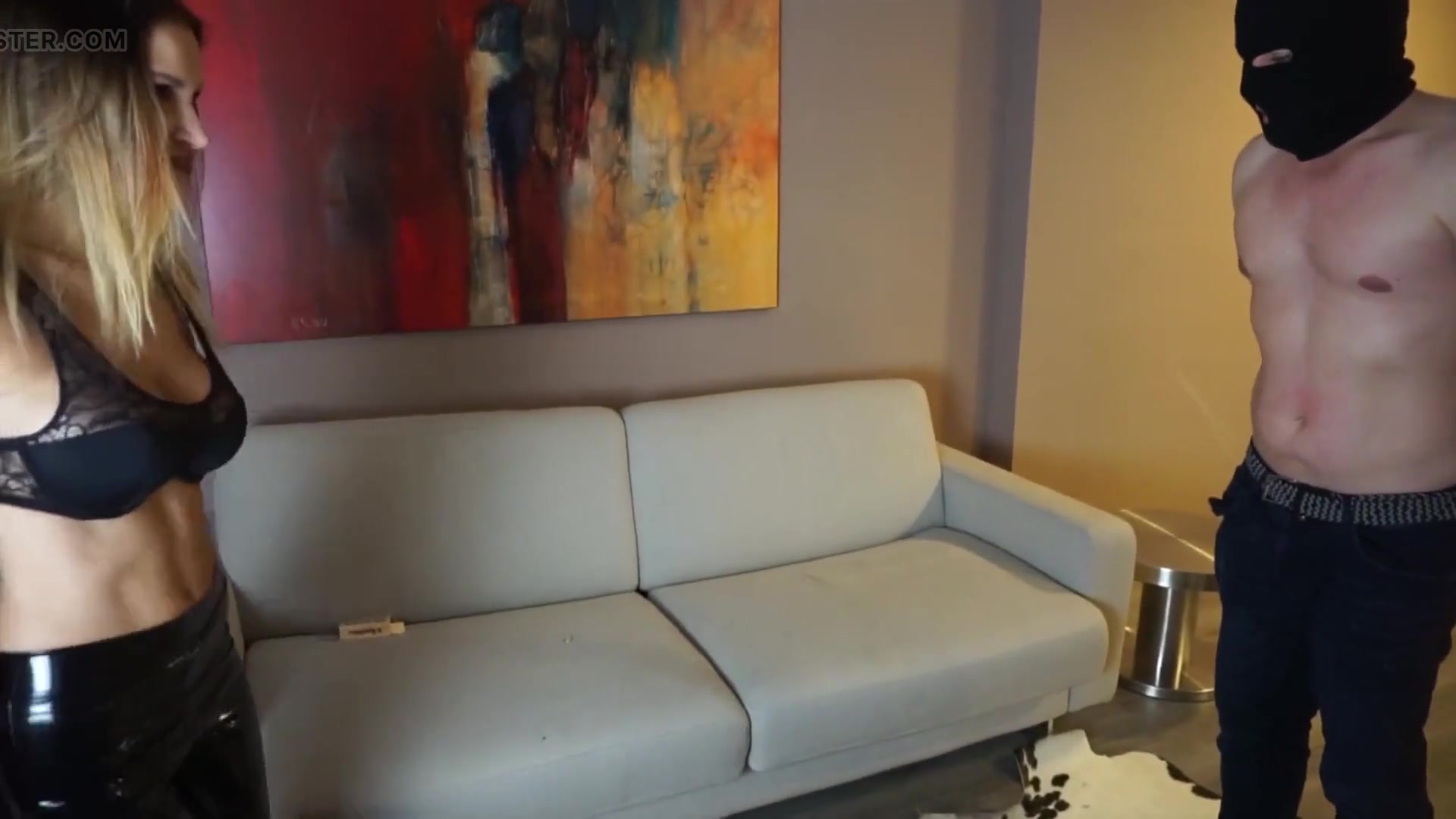 Blonde in Shiny Leggings Teases Masked Stud on Couch