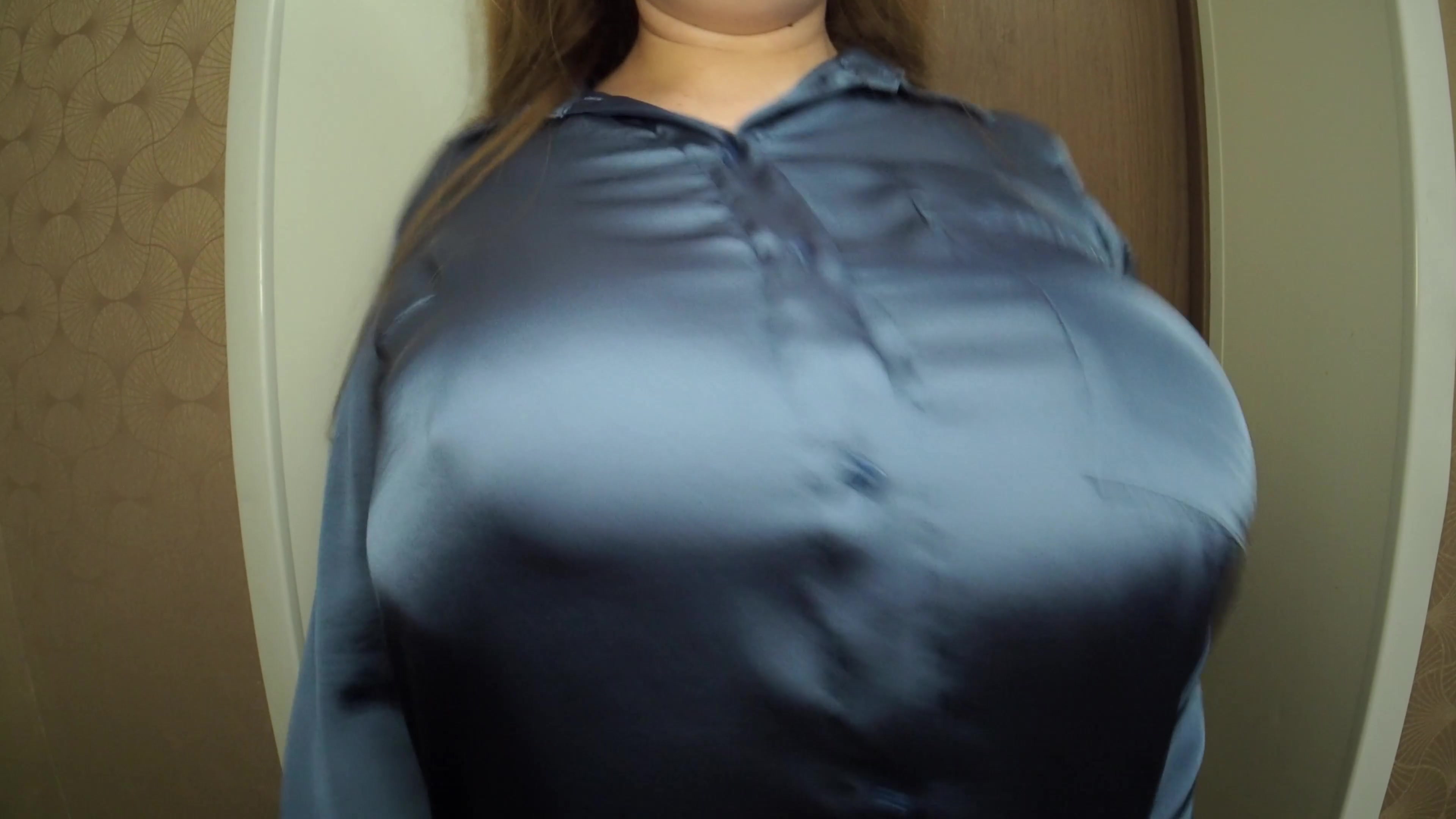 Big Bouncing Boobs in Blue Satin Blouse, Tits Teasing