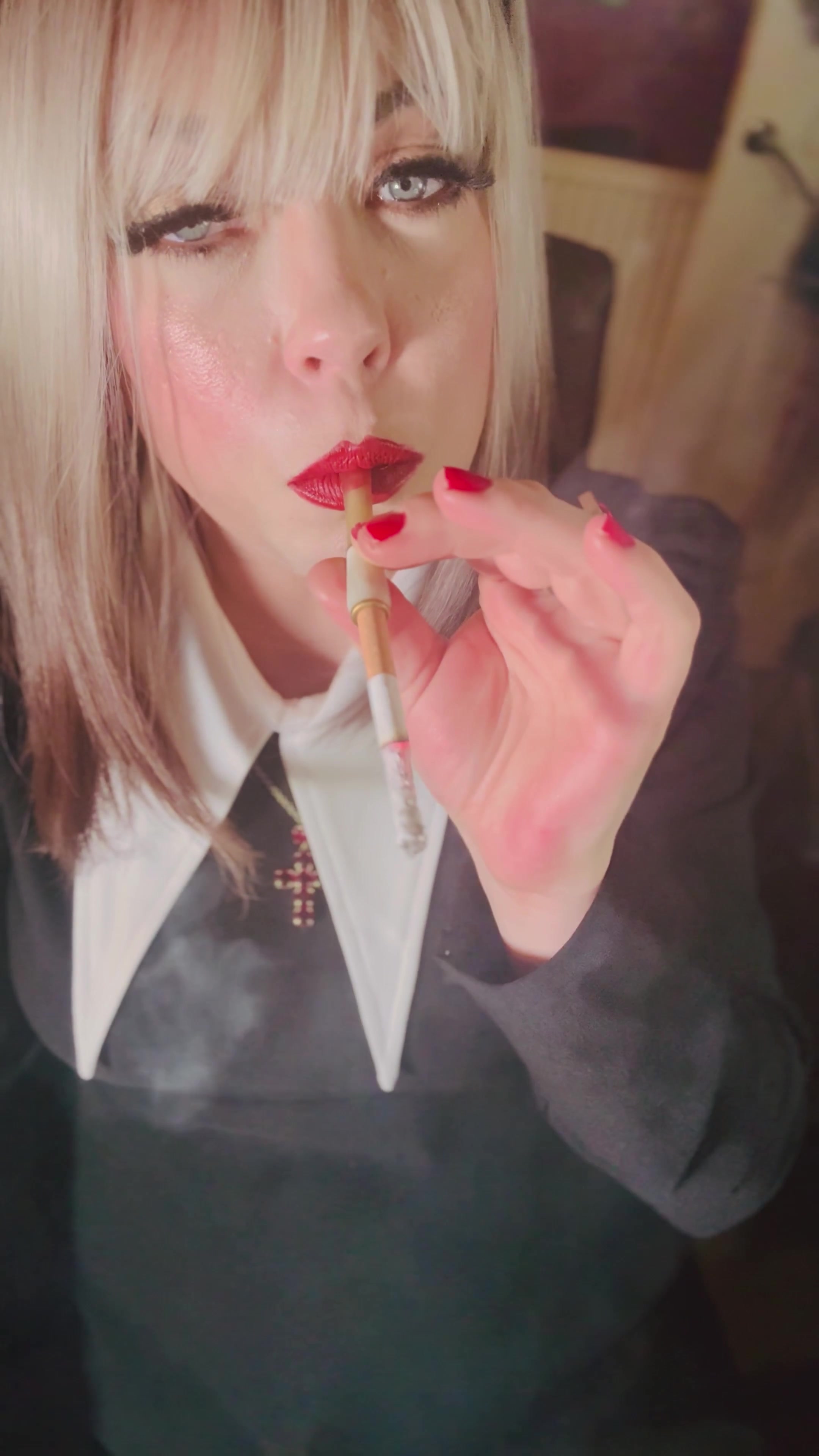 Cute Catholic Girl Tina Snua Smoking A Cork Cigarette - Lots Of Dangles And Snap Inhales