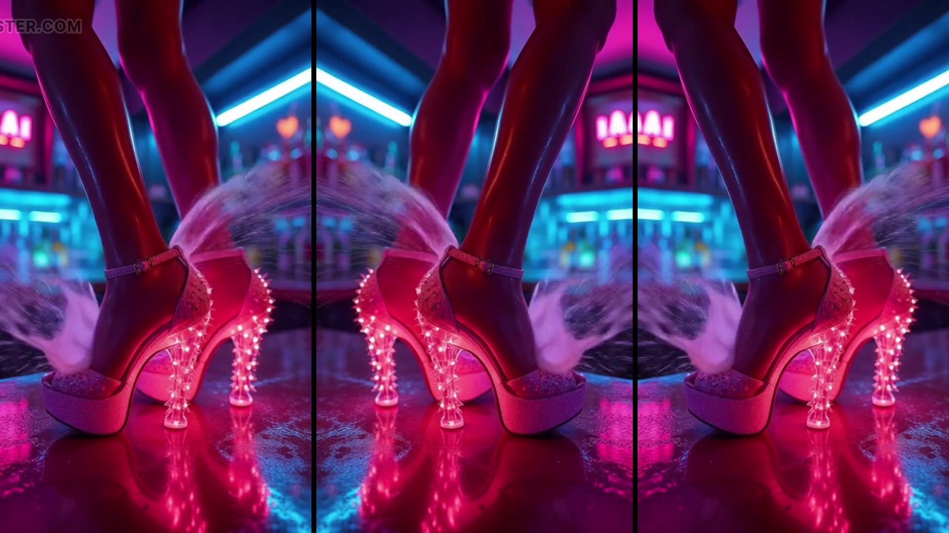 Hot high heels on a counter in a nightclub with messy cumshots on legs, feet and heels. AI-generated