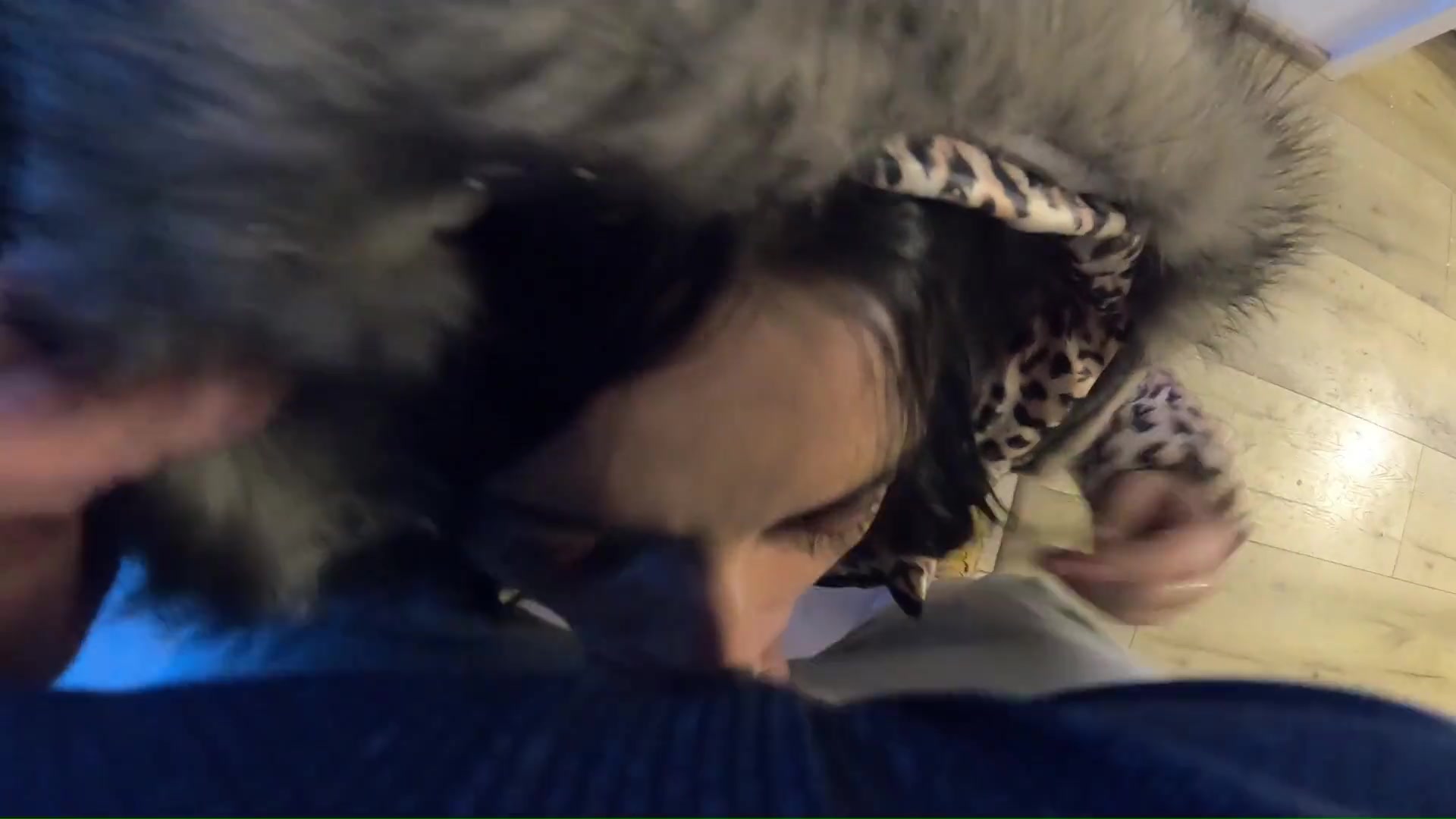 Blue Bodystocking & Downcoat Blowjob – Cum on My Coat