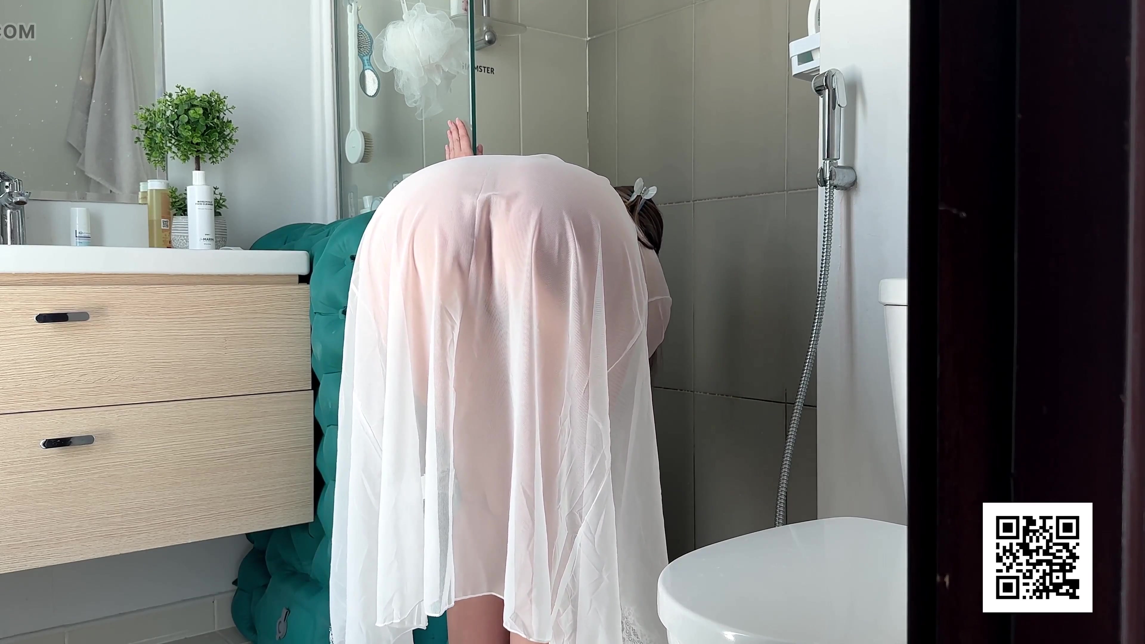 Stepmom Cleans the Bathroom in Her Sheer Dress. Slowly